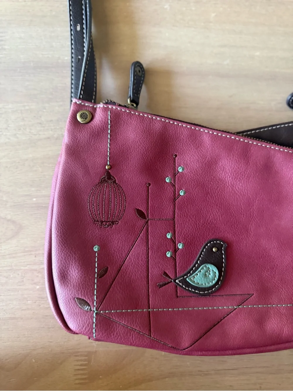 Chala Berry Pink Bird Cross Crossbody Tote Bag Purse Faux Leather